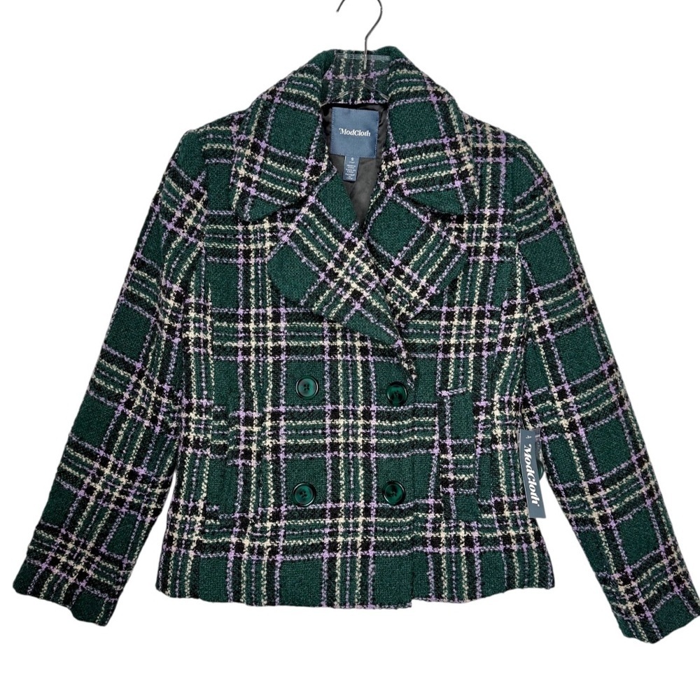 NEW ModCloth Green Bucle Wool Tweed Plaid Women’s Academia Lady Blazer Sz S